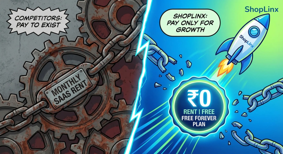 A visual comparison showing traditional SaaS platforms weighing down businesses with monthly rent chains, versus ShopLinx offering a zero rent, free forever plan symbolized by a rocket taking off
