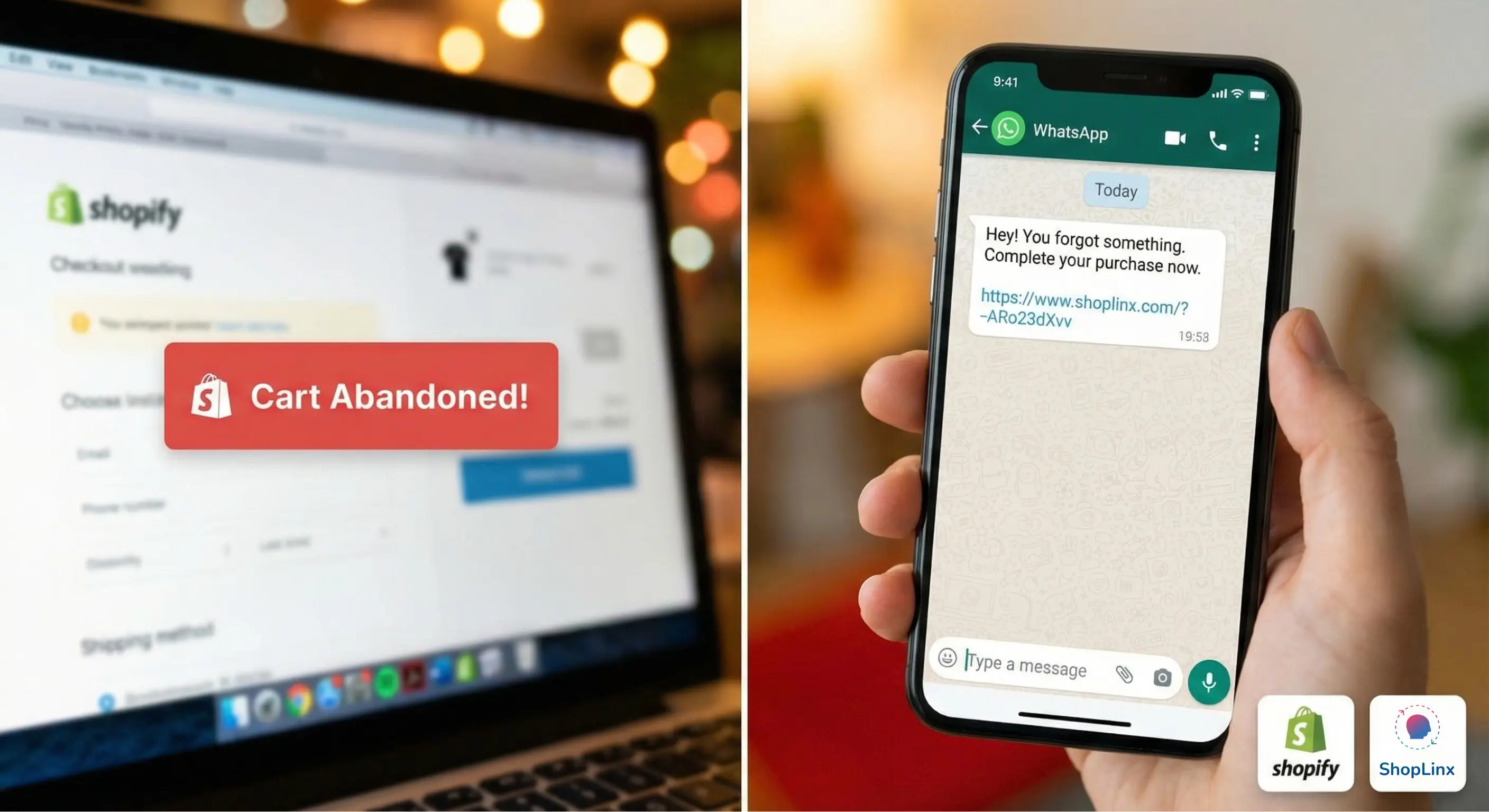 Automated Shopify abandoned cart recovery notification on a WhatsApp screen.