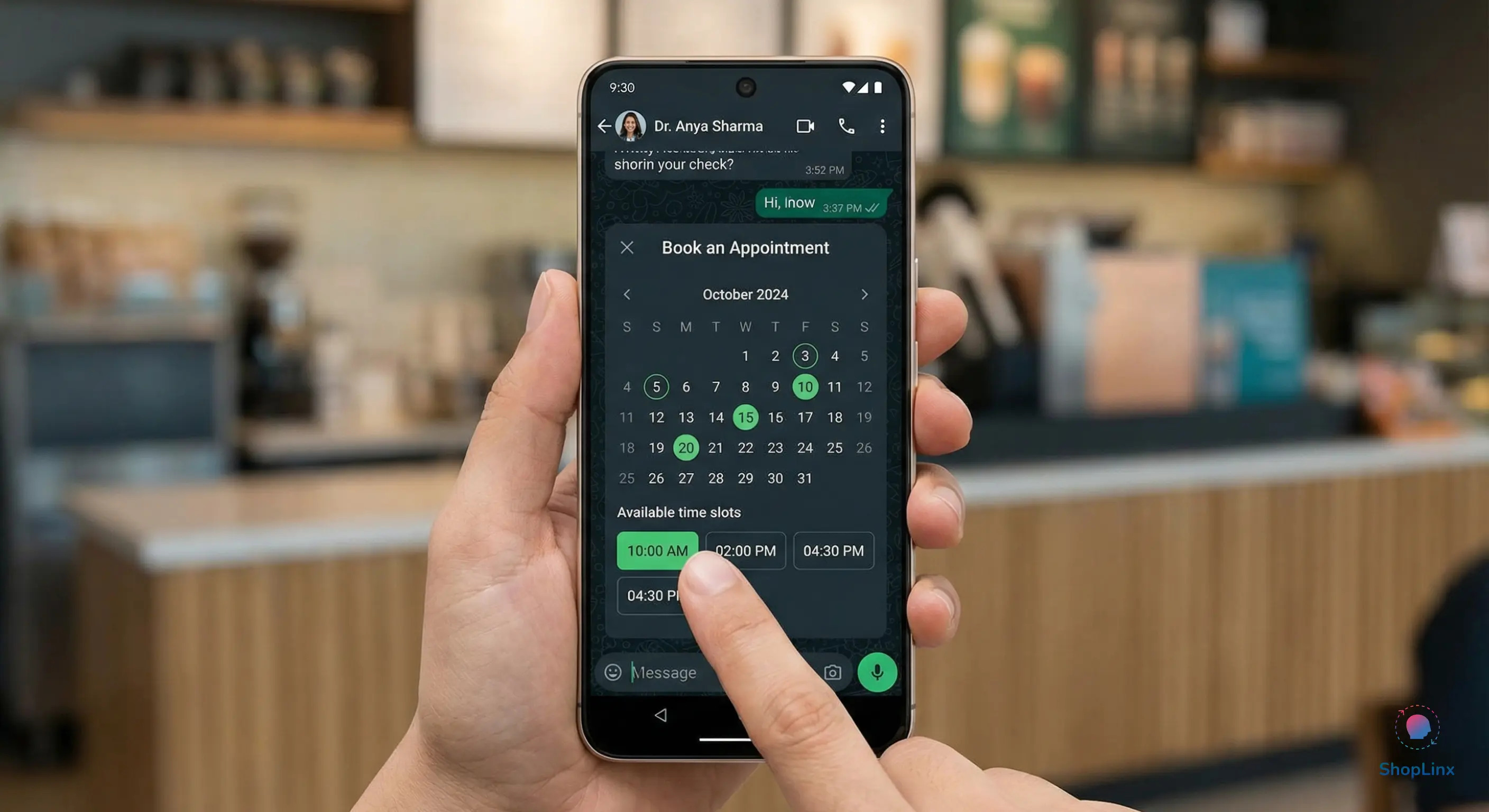Interactive appointment booking calendar inside a WhatsApp chat window.